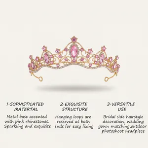 Detail view of golden crown with pink rhinestones and feature description text.