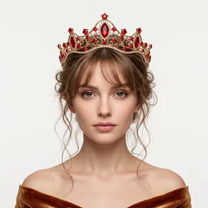 Elegant gold alloy crown featuring vibrant red rhinestones for wedding banquets