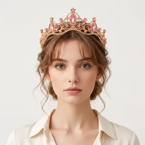 Elegant bridal crown with pink rhinestones and gold alloy for princess wedding styling