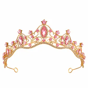 Elegant gold alloy princess tiara featuring sparkling pink crystals and white rhinestones
