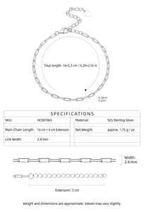 Detailed specifications of a minimalist S925 sterling silver paperclip chain bracelet