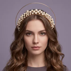 Vintage Lolita Halo Hair Crown Gold Alloy Imitation Artificial Pearl Flower Headband For Women Wedding Party Fashion Show Accessories