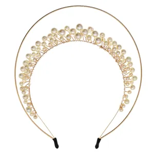 Elegant French style pearl headband with gold double bands for weddings and parties.