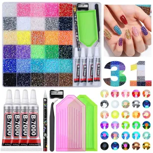 Professional 24-grid nail art rhinestone kit with B-7000 glue, tweezers, and colorful gems.