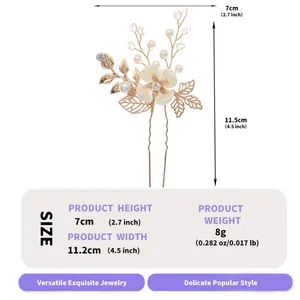 Detailed view of handmade floral U-shaped hairpin with dimensions and weight info
