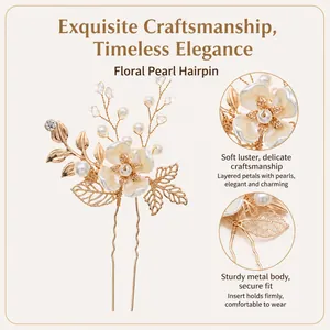 Macro view of a handmade flower hairpin featuring delicate pearls and gold finish