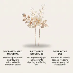 Detailed view of handmade golden floral hairpin with imitation pearls for wedding