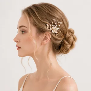 Handmade Bridal Hair Stick Gold Alloy Leaf Imitation Artificial Pearl Rhinestone Flower U Shaped Hair Fork For Wedding Party