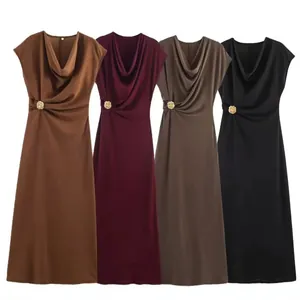 Elegant Sleeveless Cowl Neck Ruched Maxi Dress For Women Polyester Drape Solid Color With Gold Buckle Waist Detail