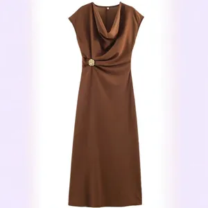 Elegant brown cowl neck sleeveless maxi dress with gold buckle and pleated detail