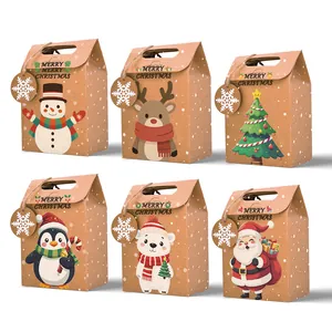 Set of six Christmas kraft paper gift bags with festive cartoon characters and snowflake tags