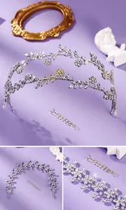 Vista detallada de una diadema de novia de circonio de lujo con elegantes motivos de flores y hojas
