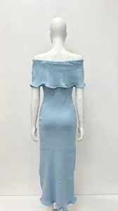 Back view of a light blue off-the-shoulder bodycon knit maxi dress with ruffles.