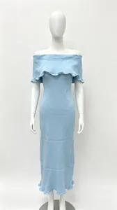 Detailed front view of light blue off-the-shoulder slim fit knit dress with ruffle trim