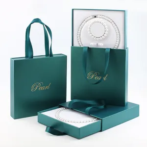 Élégant ensemble de boîtes cadeaux pour bijoux en perles vert foncé avec logo Pearl doré