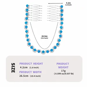 Tabella dettagliata con dimensioni e peso per questo pettine per capelli con strass blu