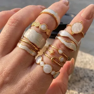 Bohemian gold plated stainless steel ring set with sun moon and celestial star designs