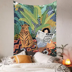 Vibrant Bohemian wall tapestry with tiger and tropical jungle illustration for home decor
