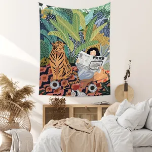 Tropical jungle tiger and girl reading newspaper illustration wall tapestry decor