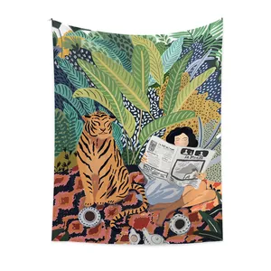Bohemian tropical jungle tapestry with woman reading and tiger for room wall decor