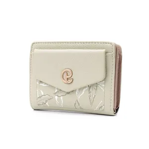 Piccolo portafoglio elegante da donna in pelle PU con motivo a foglie e cerniera