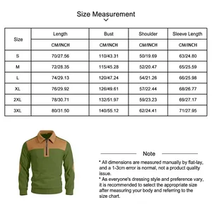 Size chart with measurements and detailed view of men's half-zip color-block green sweatshirt