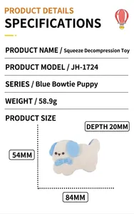 Detailansicht mit Abmessungen des blauen Schleifen-Hunde-Squishy-Spielzeugs (84mm).