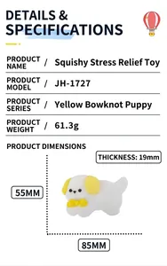 Detaillierte Maße und Parameter des gelben Welpen-Squishy-Spielzeugs mit Schleife