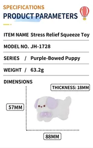 Spezifikationen und Abmessungen für das Schleifen-Hunde-Squishy, Größe 88x57x18mm.