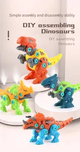 Vue détaillée de quatre dinosaures colorés à démonter exposés sur des socles blancs