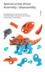 Vue détaillée des différentes pièces de dinosaure démontées et vis pour l'assemblage