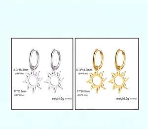 Detail of 18K gold and silver sun-shaped stainless steel hoop earrings with dimensions