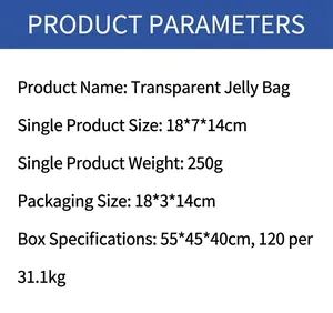 Product specifications for the transparent PVC jelly crossbody bag showing dimensions and weight.