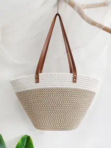 Grand sac cabas tissé en corde de coton avec design bicolore pour un style de vacances