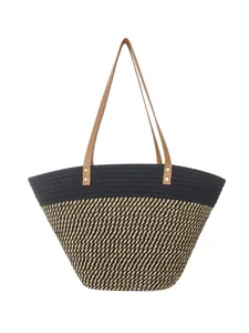 Grand sac cabas en corde de coton tressée avec un design color block noir et beige