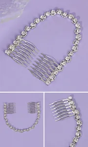 Detailed macro view of an elegant silver bridal hair comb with sparkly rhinestones