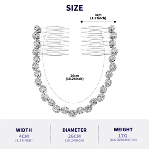 Detailed dimension guide for silver bridal rhinestone hair comb showing width and weight