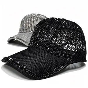 Detail view of breathable hollow mesh baseball cap with sparkling rhinestones