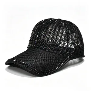 Close-up detail of a black rhinestone mesh baseball cap with breathable hollow-out design