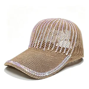 Detail view of khaki rhinestone mesh baseball cap with iridescent crystals
