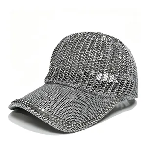 Fashionable silver rhinestone mesh baseball cap with breathable hollow design for women