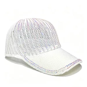 Detailed view of white mesh baseball cap with iridescent rhinestone embellishments
