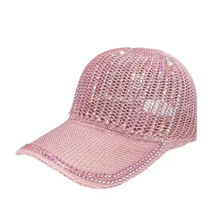 Pink rhinestone mesh baseball cap for women, breathable hollow sun protection hat.