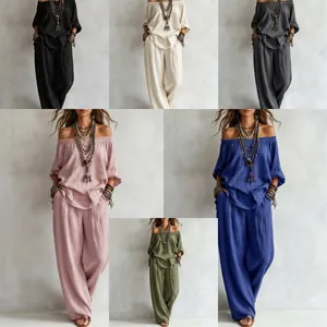 Close-up comparison of five color options for the casual off-shoulder two-piece set
