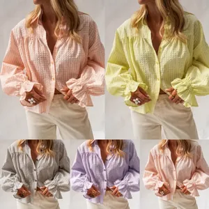 Stylish women's V-neck button-down blouse with ruffled cuffs in multiple colors