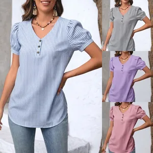 Detail view of V-neck striped short sleeve T-shirt with button detail in multiple colors