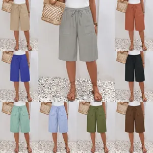 Multi-color women's breathable drawstring cotton linen shorts shown in a grid layout display