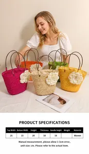Vue détaillée de sacs en paille tissée colorés avec accents floraux sur fond de tissu blanc
