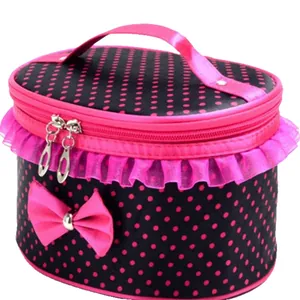 Elegante borsa da trucco a pois rosa con pizzo e grazioso dettaglio a fiocco decorativo