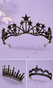 Detailed display of three vintage black gothic baroque crowns on a purple background